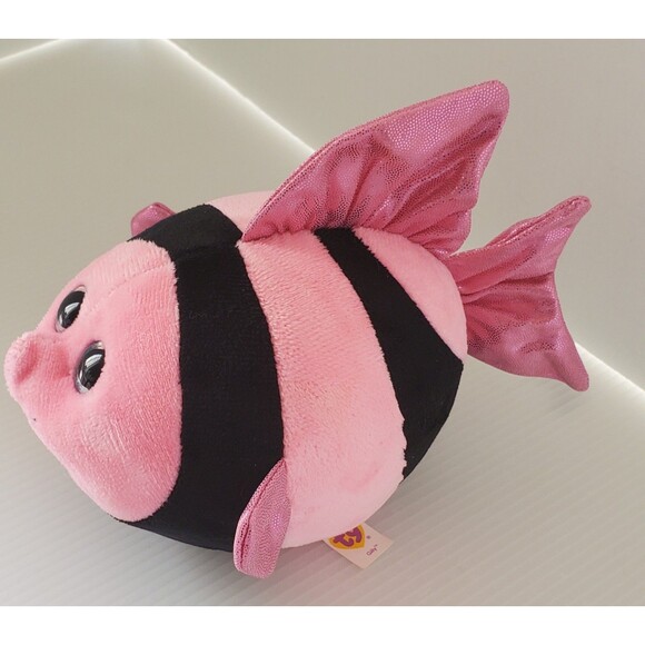 TY Beanie Ballz Gilly the Pink & Black Fish 8" Stuffed Toy Plush Striped 2013 - Picture 3 of 9